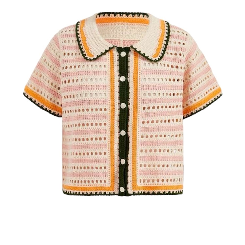 Women’s Crochet Button-Up Shirt - Pink, Green, Orange